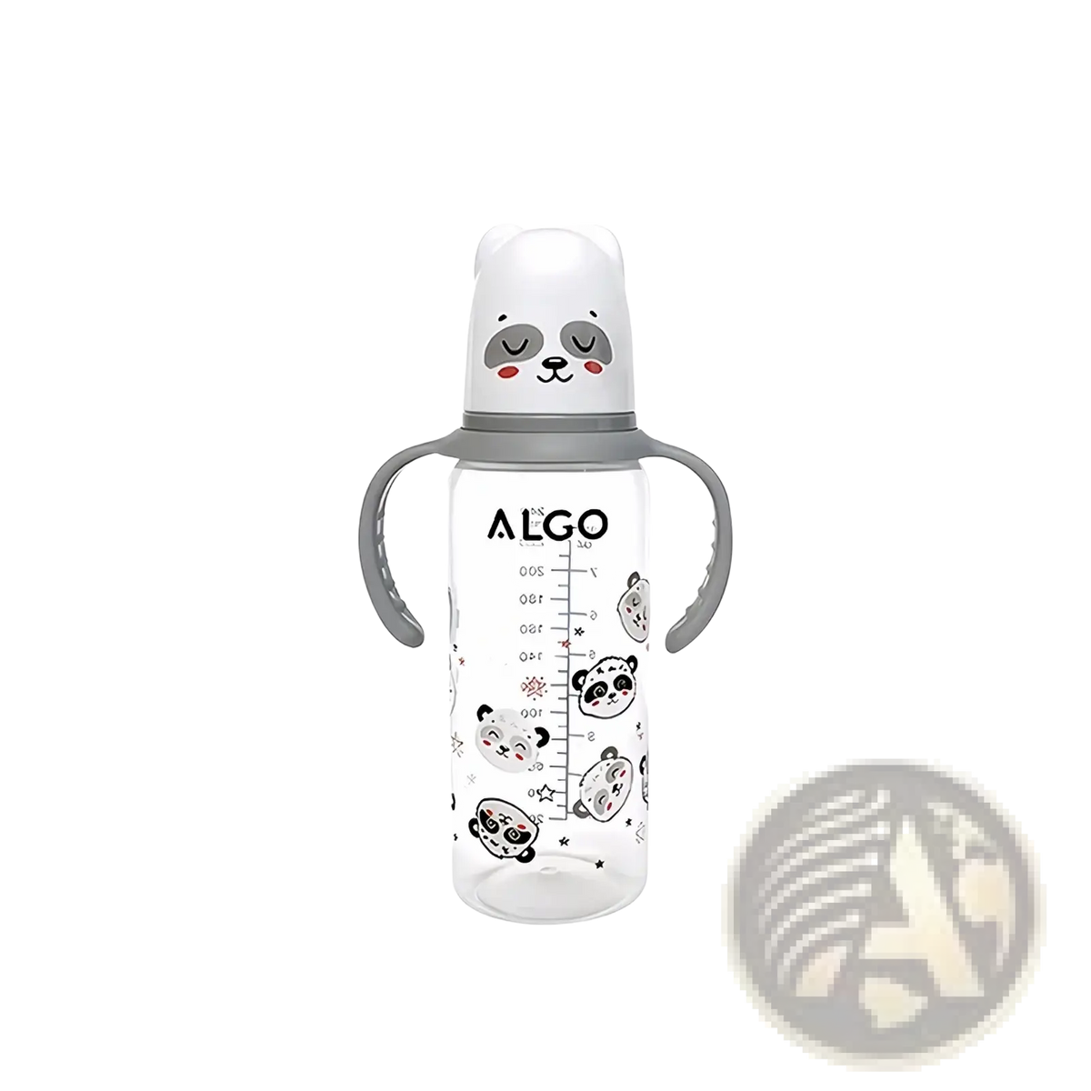 Baby bottle 240ml with gray silicone handles clear plastic body and a white panda-themed lid with panda prints