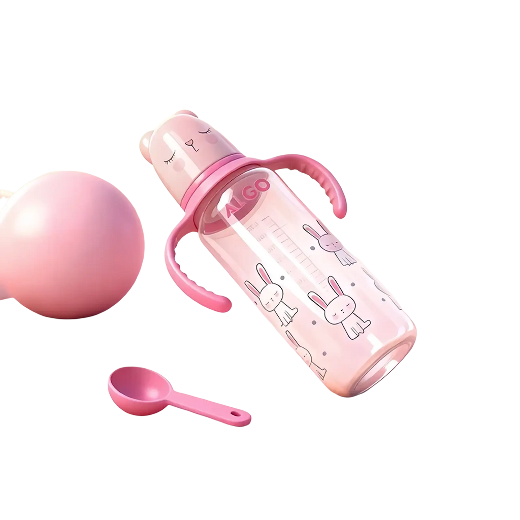 Baby bottle 240ml with pink bunny theme clear body and soft silicone handles for easy grip