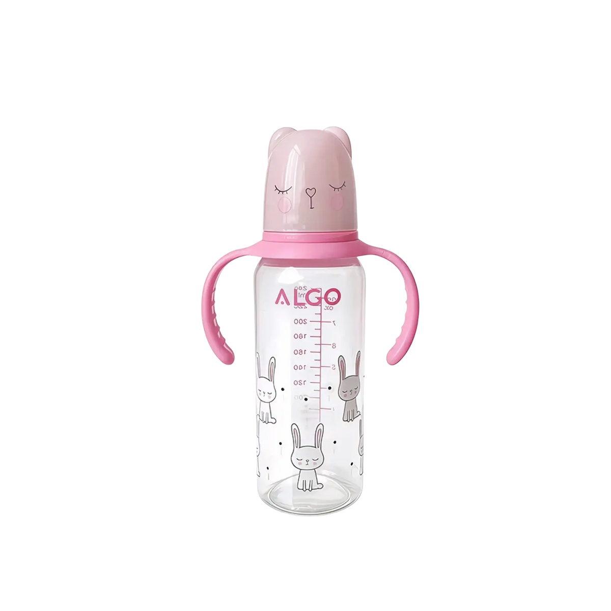 Baby bottle 240ml with pink bunny-themed handles clear body and ergonomic grip for easy feeding