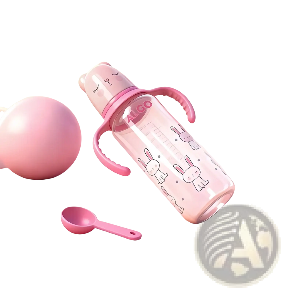 Baby bottle 240ml with pink bunny theme clear body and soft silicone handles for easy grip