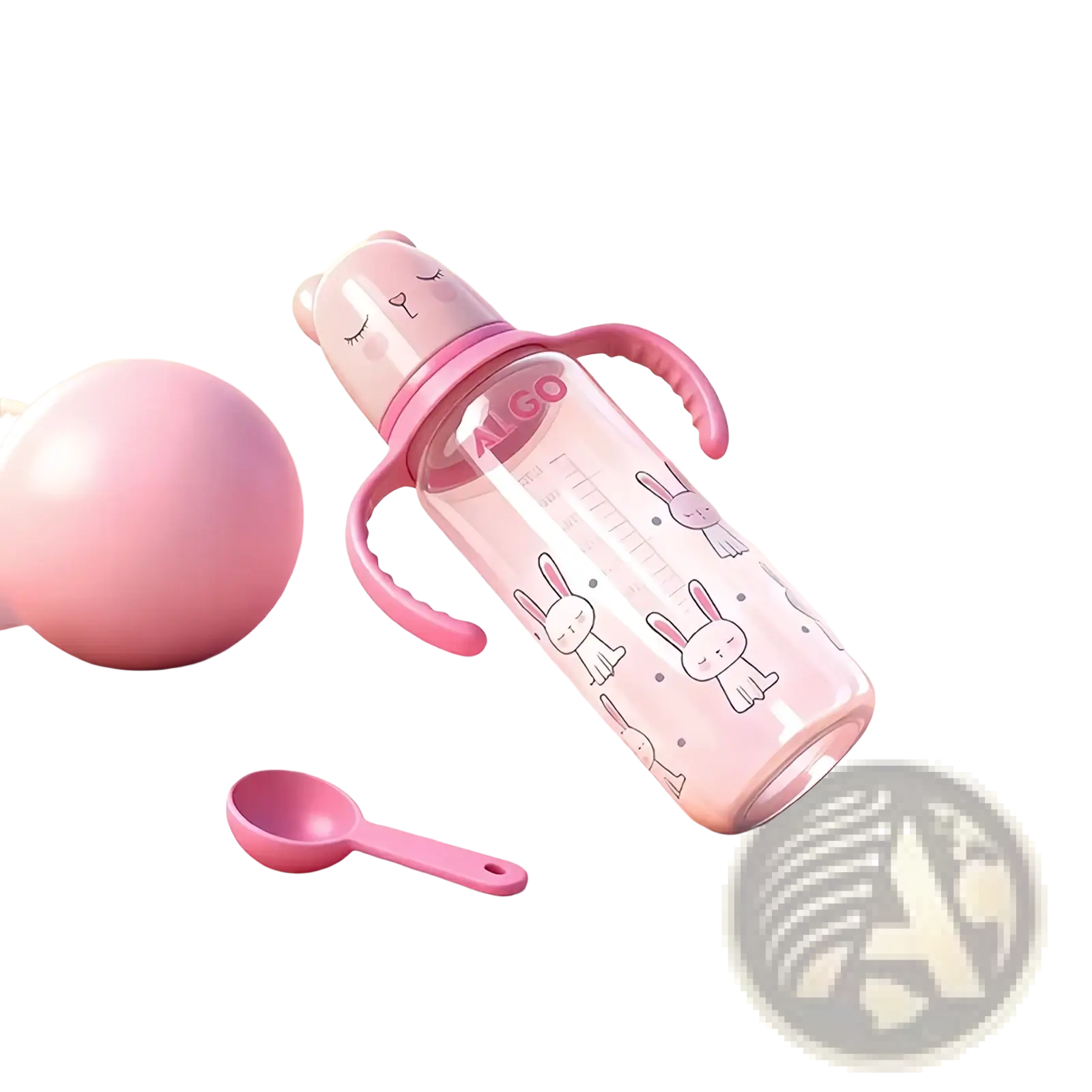 Baby bottle 240ml with pink bunny theme clear body and soft silicone handles for easy grip