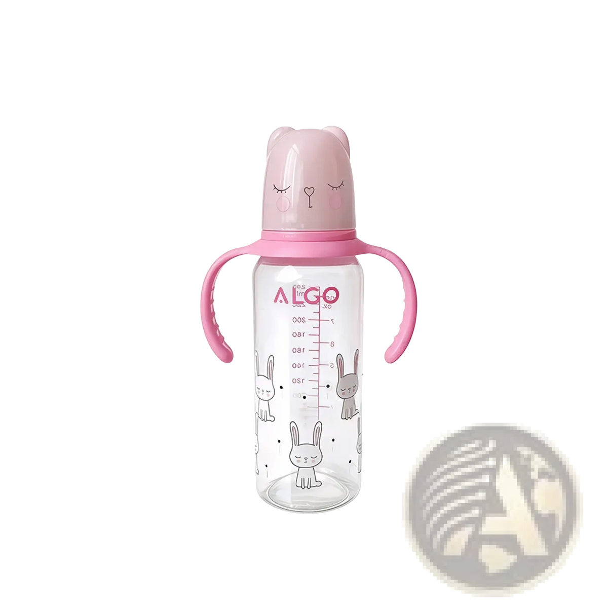 Baby bottle 240ml with pink bunny-themed handles clear body and ergonomic grip for easy feeding