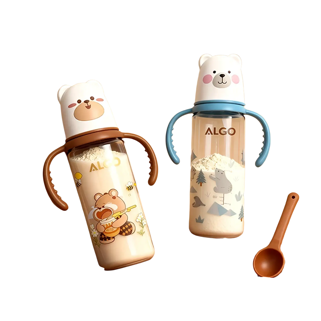 Two algo brand baby bottles 240ml with handle featuring brown bear and white polar bear face lids