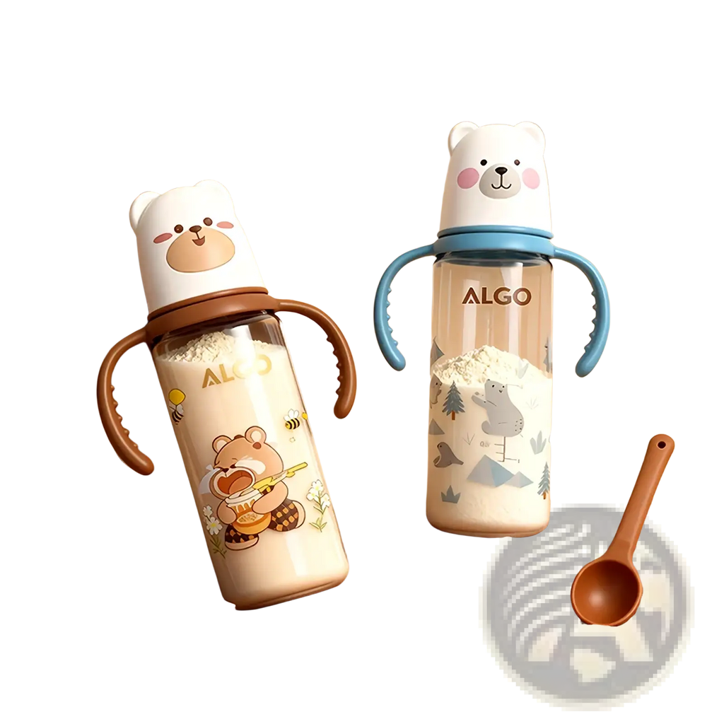 Two algo brand baby bottles 240ml with handle featuring brown bear and white polar bear face lids