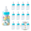 Clear plastic baby bottle party favor with turquoise lid and white nipple filled with colorful earplugs for gender reveal