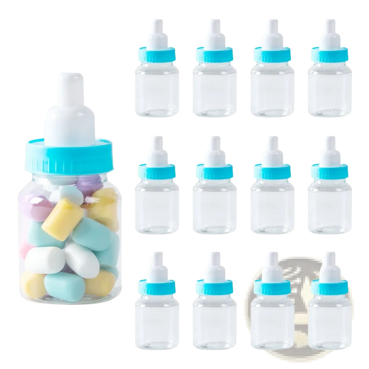 Clear plastic baby bottle party favor with turquoise lid and white nipple filled with colorful earplugs for gender reveal