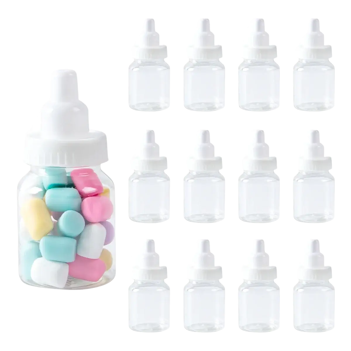 Clear plastic baby bottle filled with pastel candies featuring white screw-on cap and nipple for gender reveal party favors