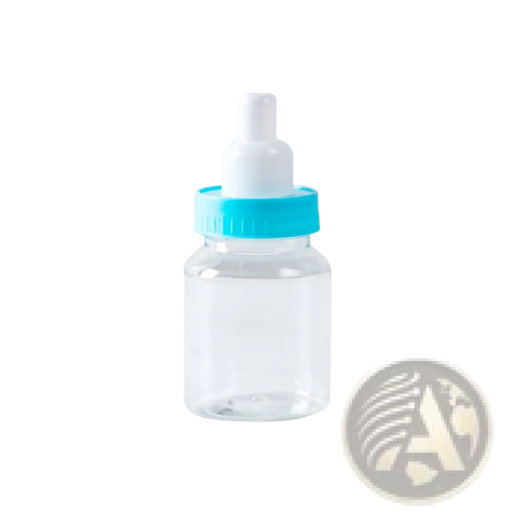 Clear plastic baby bottle with bright blue screw-on cap and white nipple used as gender reveal party favor