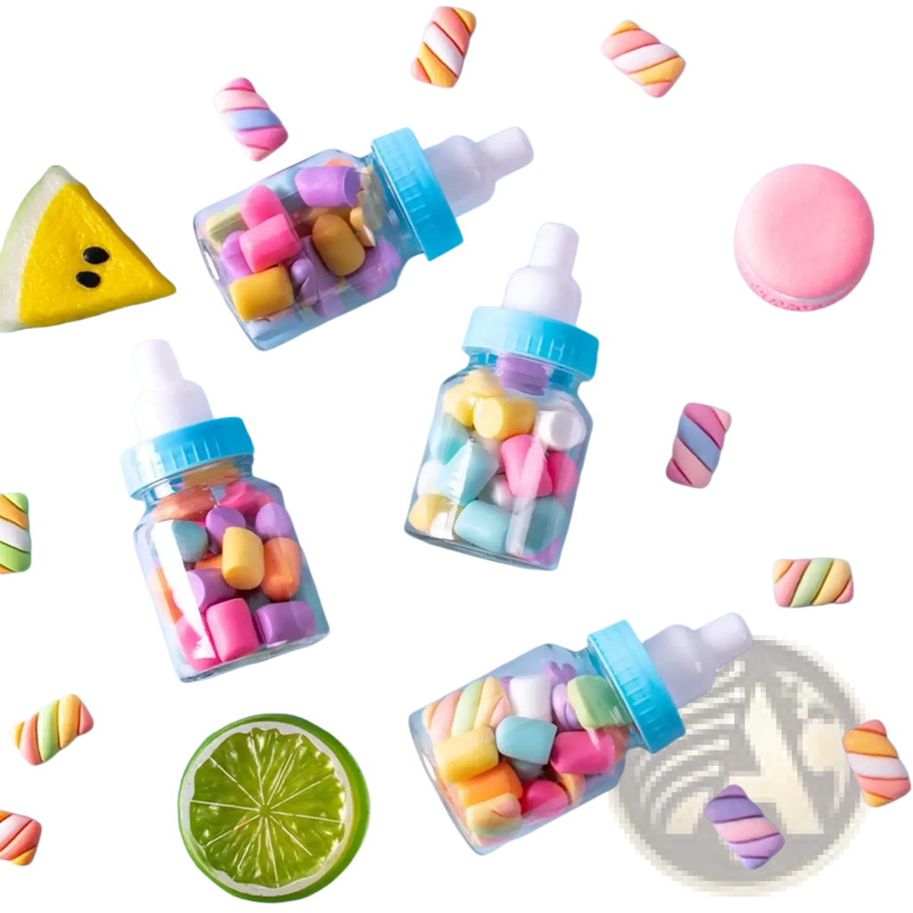 Clear plastic baby bottle jars with blue caps and white nipples filled with colorful marshmallow candies for gender reveal party favors