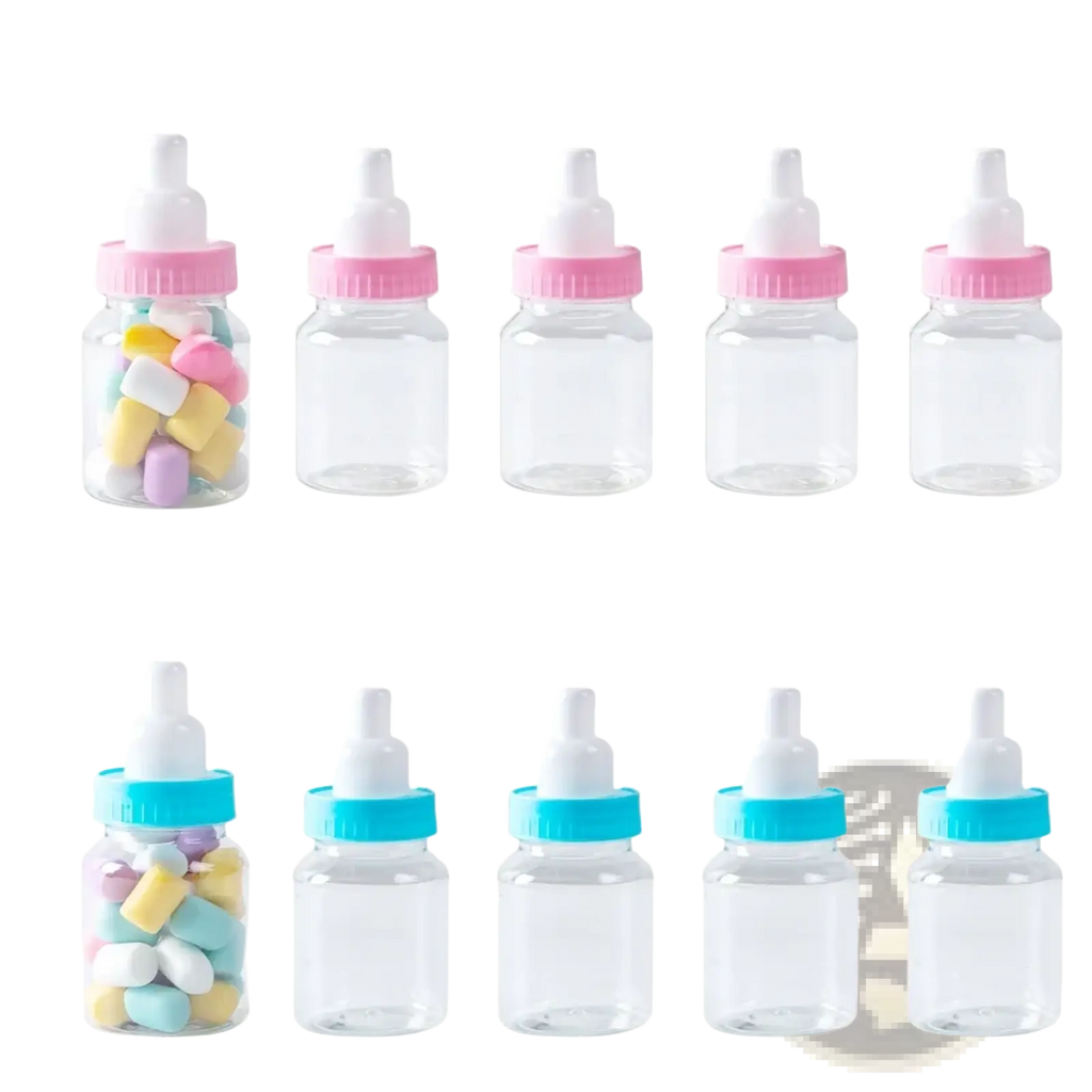 Clear plastic baby bottle party favors with pink and blue caps and white nipples filled with colorful candies for gender reveal