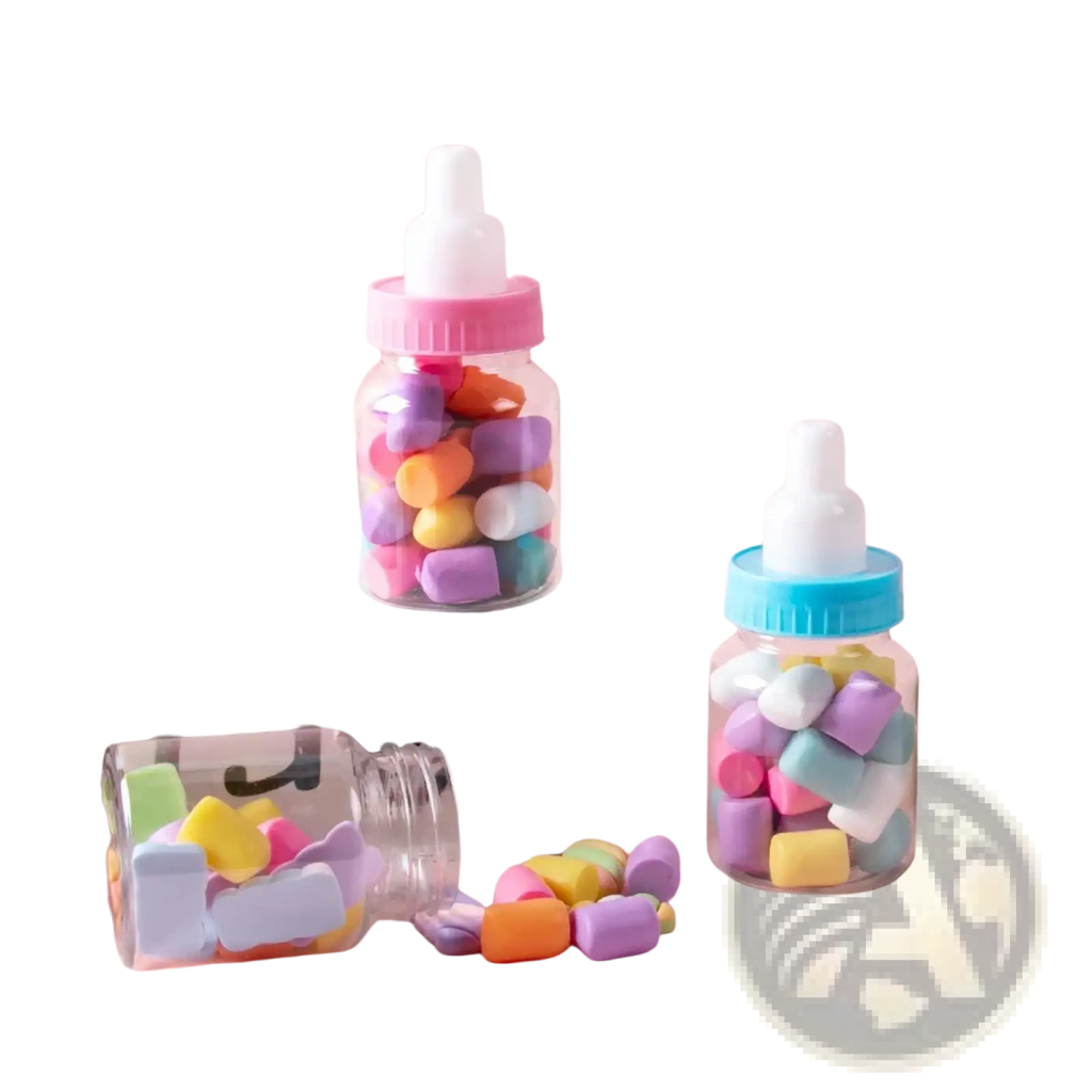 Clear baby bottle party favors with pastel silicone caps and white droppers filled with rainbow marshmallow candies