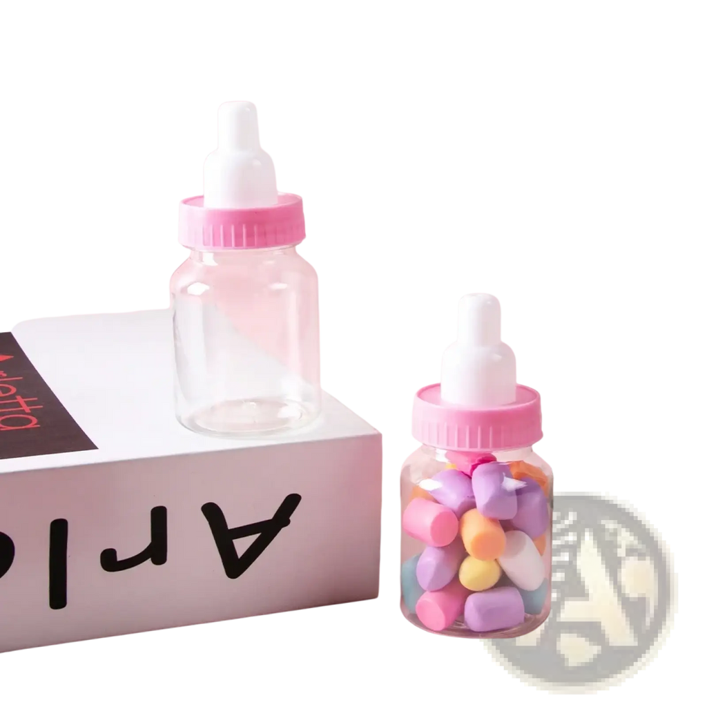 Pink plastic baby bottle with clear glass body and white nipple for baby bottle party favors gender reveal