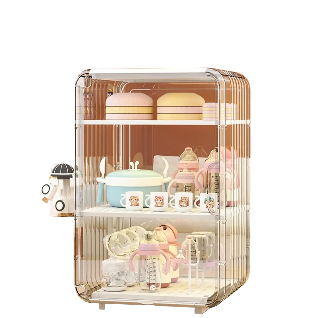 Clear acrylic baby bottle storage organizer with white shelves and cutlery holder dustproof case