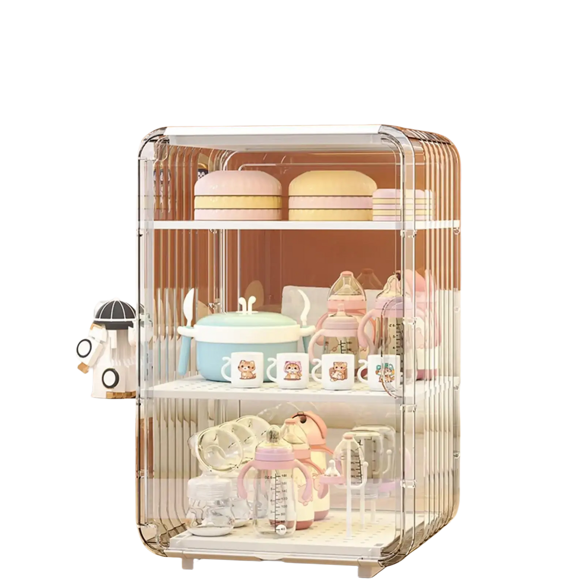 Clear acrylic baby bottle storage organizer with white shelves and cutlery holder dustproof case