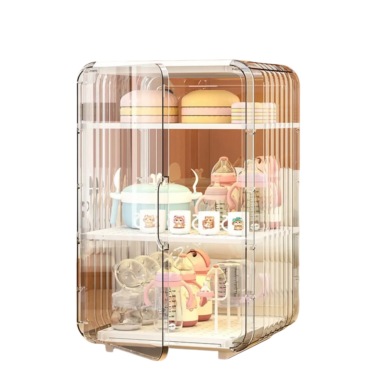 Clear acrylic baby bottle storage organizer with three shelves for dustproof feeding utensil storage case