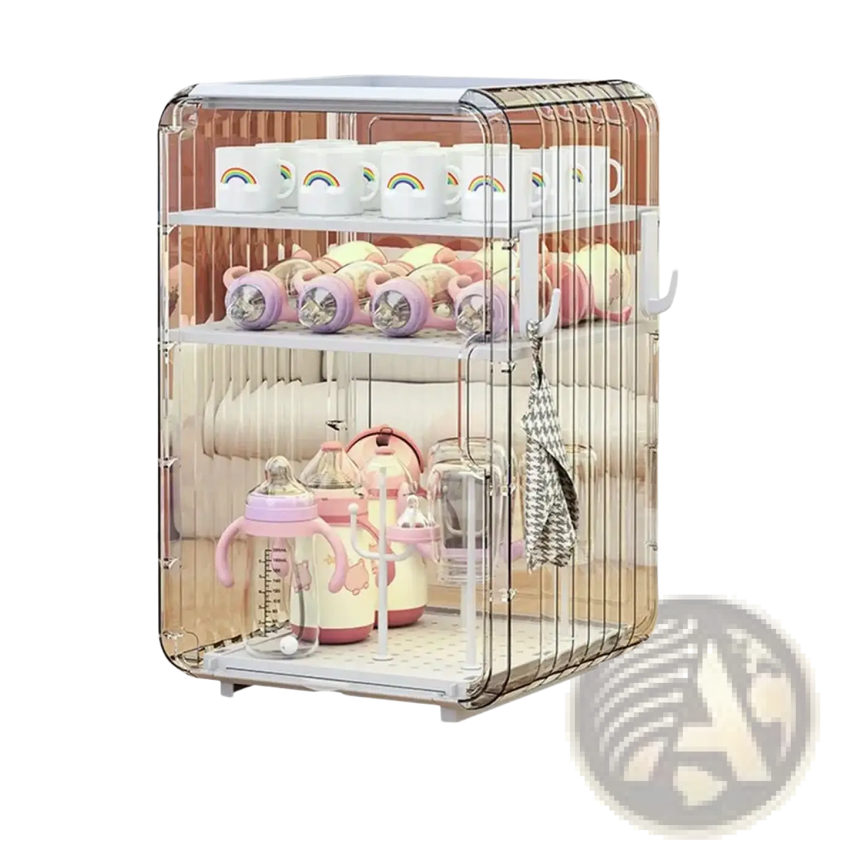 Transparent plastic baby bottle and cup storage rack with rose gold metal frame for dustproof clear acrylic case