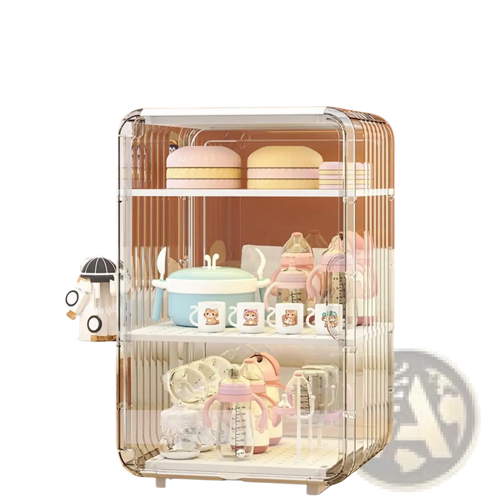Clear acrylic baby bottle storage organizer with white shelves and cutlery holder dustproof case