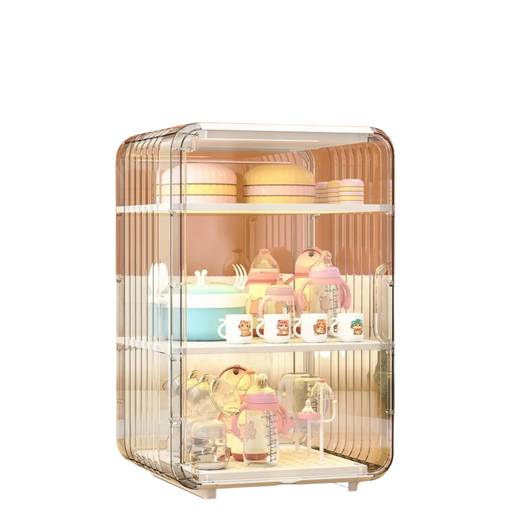 Clear plastic baby bottle and cup storage rack with white shelves in a dustproof clear acrylic organizer case