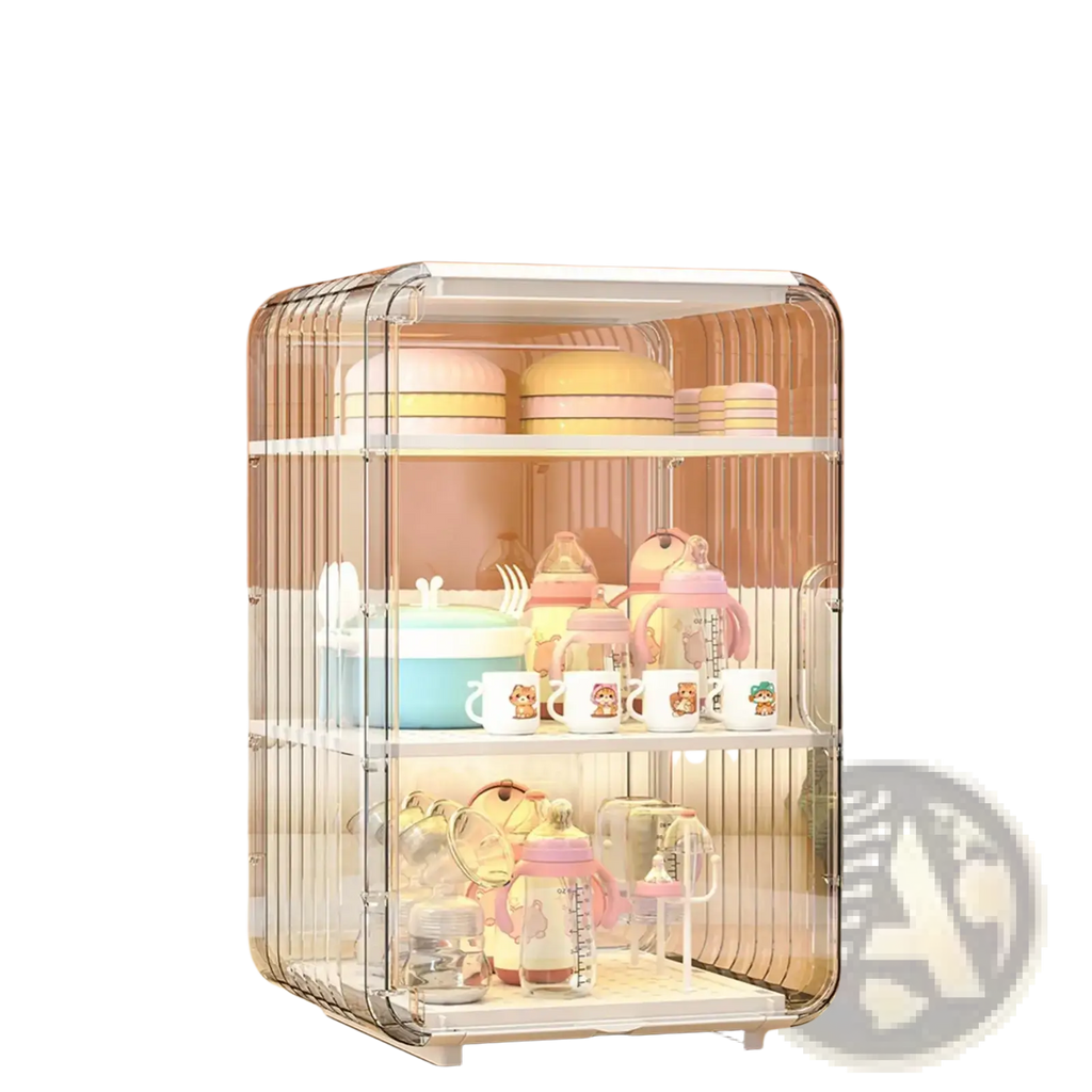 Clear plastic baby bottle and cup storage rack with white shelves in a dustproof clear acrylic organizer case