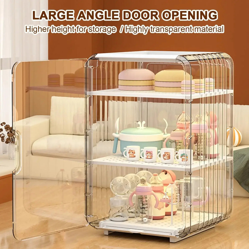 Clear acrylic baby bottle storage organizer with white shelves and transparent dustproof door for baby essentials