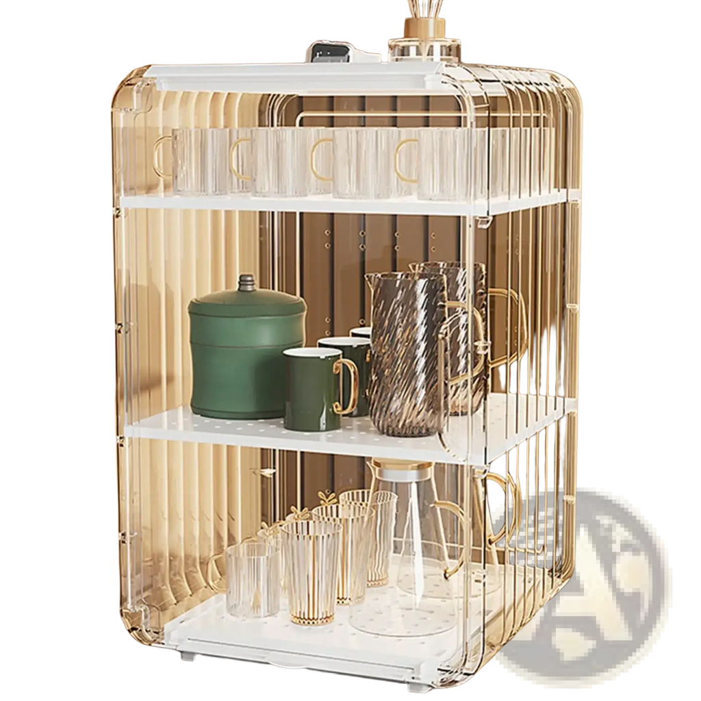 Clear acrylic baby bottle storage organizer with three-tiered white plastic shelves and gold-toned vertical bars dustproof case