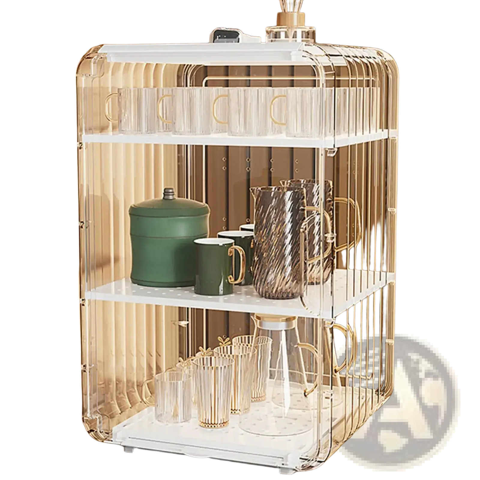Clear acrylic baby bottle storage organizer with three-tiered white plastic shelves and gold-toned vertical bars dustproof case