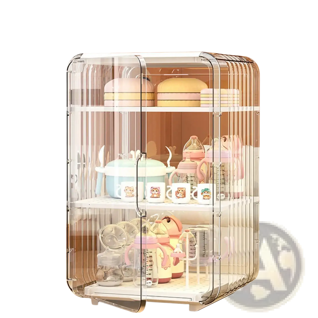 Clear acrylic baby bottle storage organizer with three shelves for dustproof feeding utensil storage case