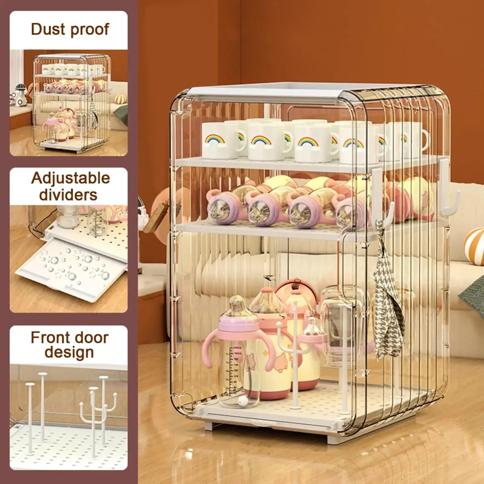 Clear acrylic three-tiered baby bottle storage organizer with adjustable dividers dustproof and front door design