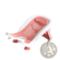 Pink and white plastic baby bath chair with perforated seat padded headrest and suction cup feet for newborn cleaning basin