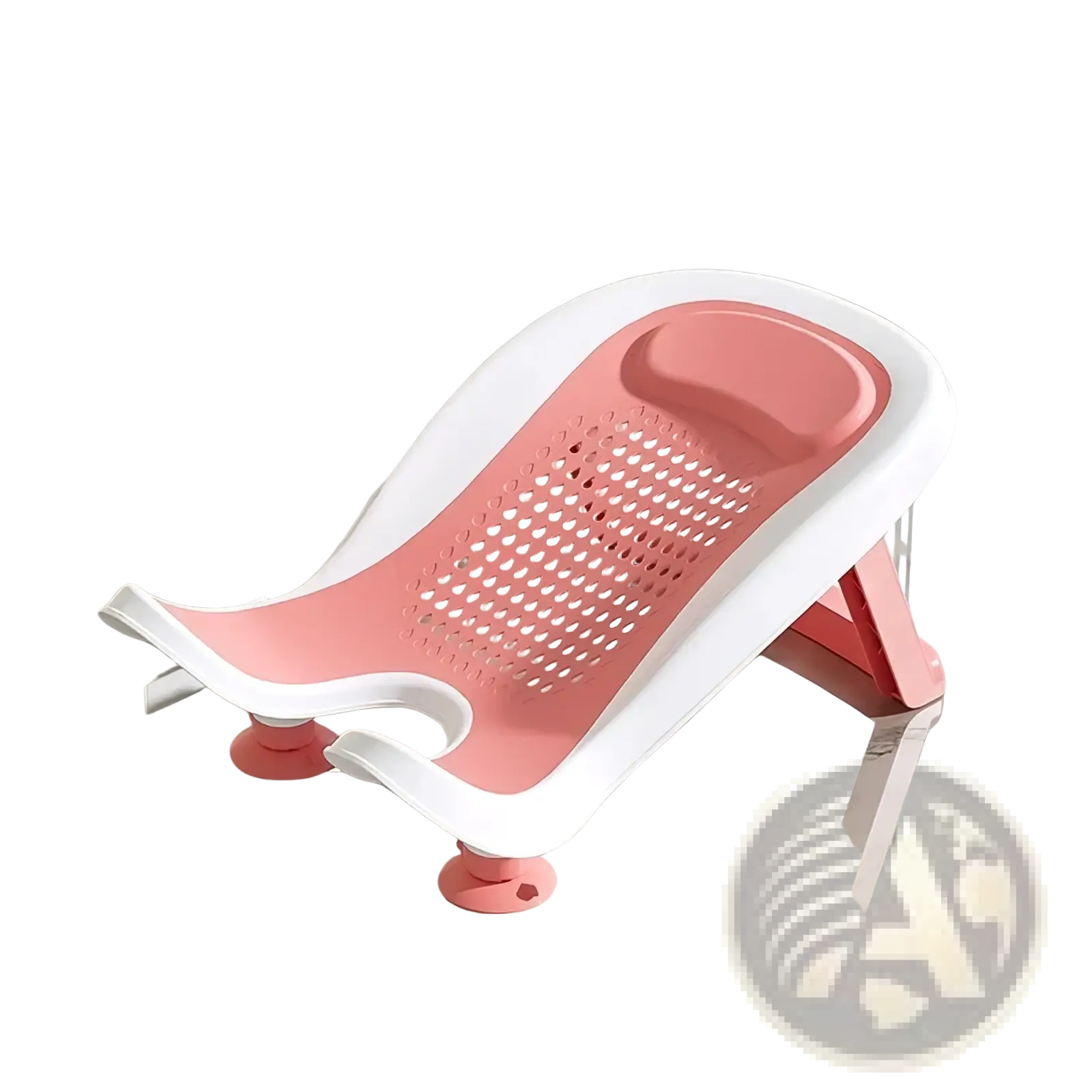 Pink and white plastic baby bath chair with perforated seat padded headrest and suction cup feet for newborn cleaning basin