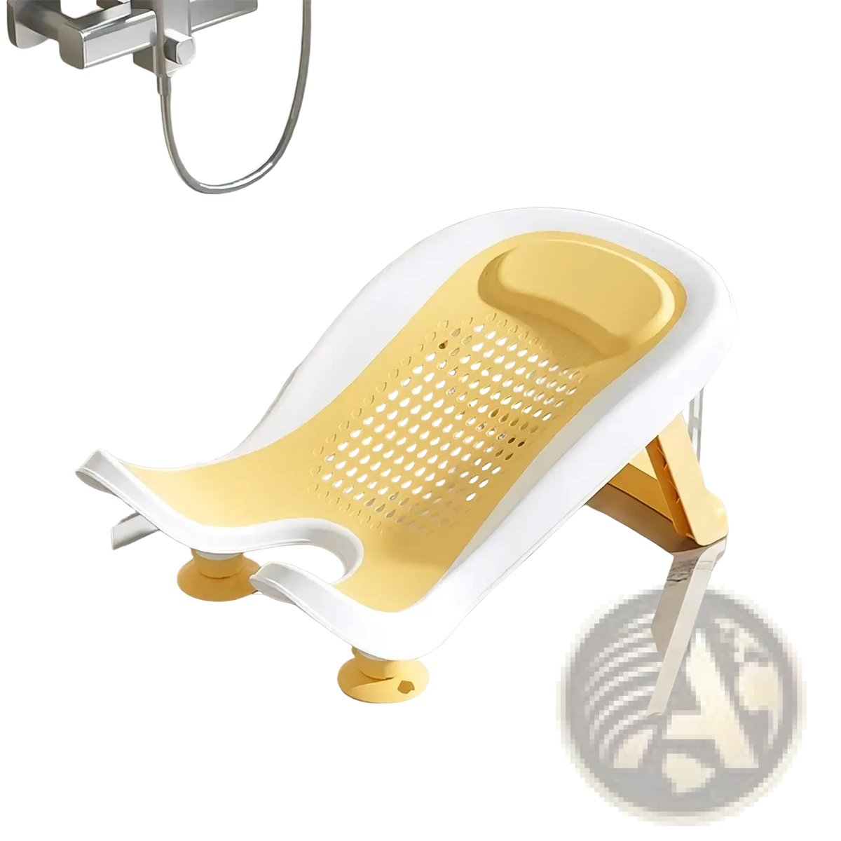 Yellow and white plastic baby bum washer newborn bottom cleaning basin seat with perforated surface and suction cup feet