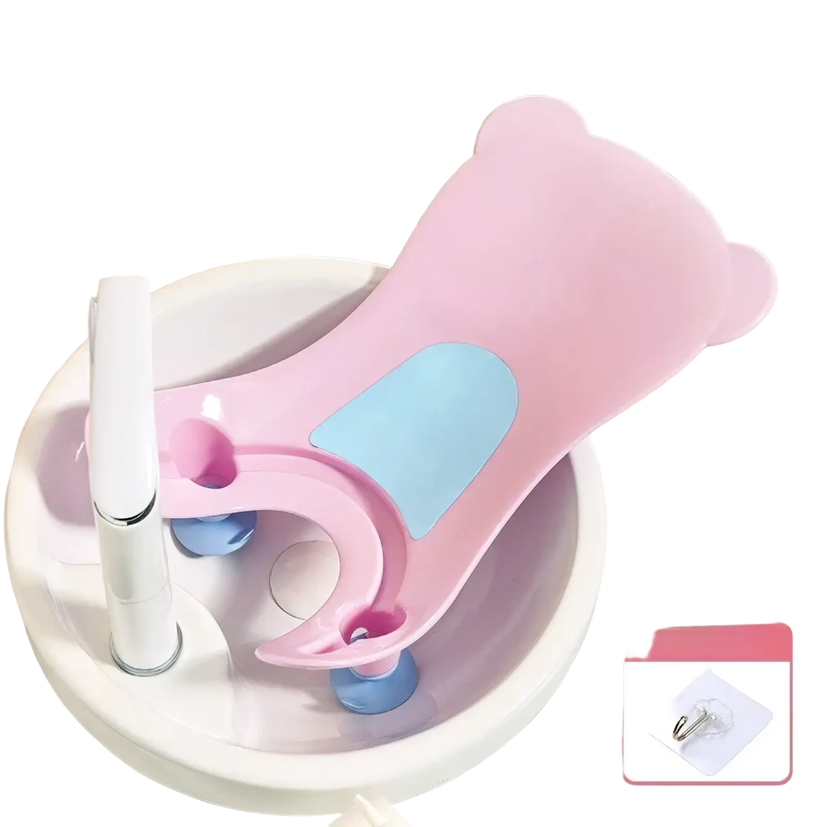 Baby bum washer newborn bottom cleaning basin pink bear-shaped baby bath seat with light blue accents and suction cups