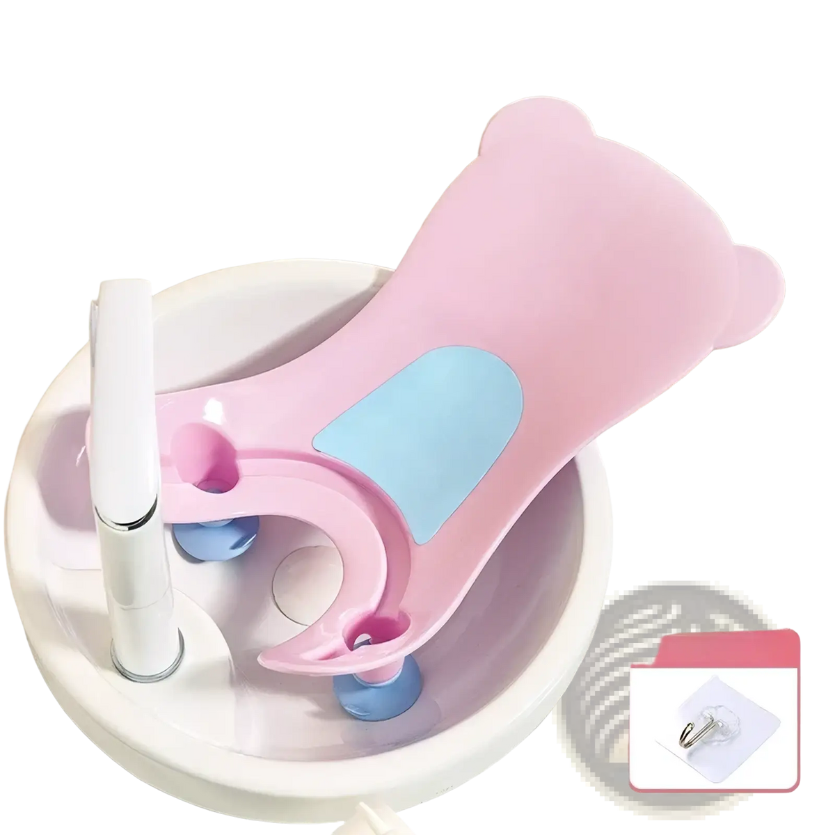 Baby bum washer newborn bottom cleaning basin pink bear-shaped baby bath seat with light blue accents and suction cups
