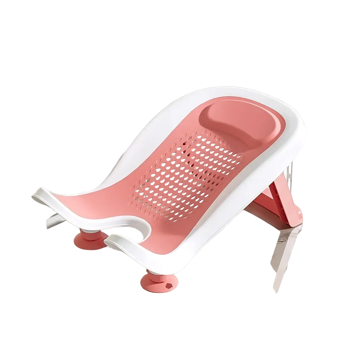 Pink and white plastic baby bum washer seat with perforated surface and suction cup feet for newborn bath basin