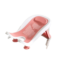 Pink and white plastic baby bath chair with perforated seat padded headrest and suction cup feet for newborn cleaning basin