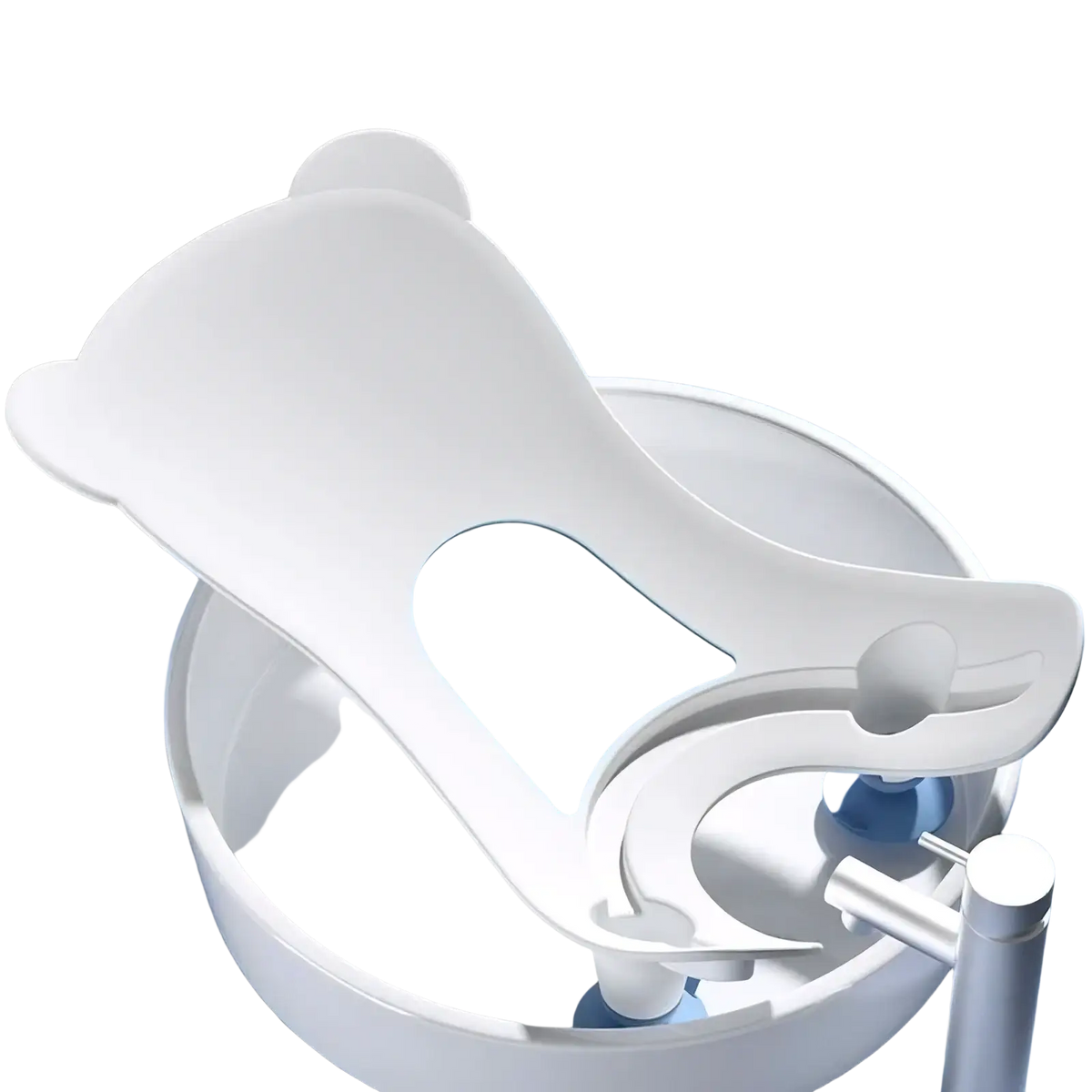 White bear-shaped baby bum washer bath support with light blue accent panel and soft rounded edges for newborn cleaning