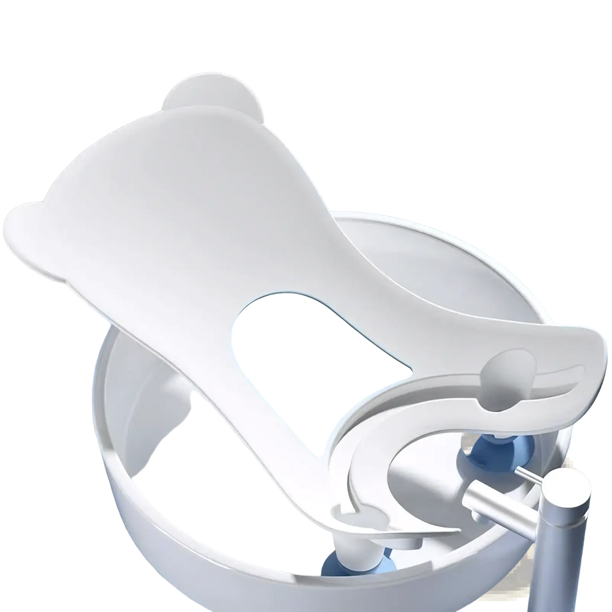 White bear-shaped baby bum washer bath support with light blue accent panel and soft rounded edges for newborn cleaning