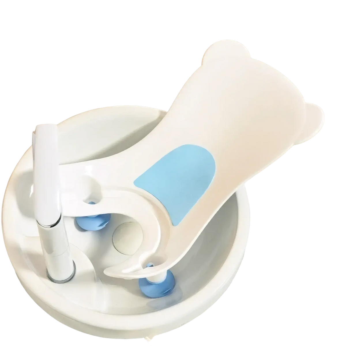 White and light blue bear-shaped baby bath seat with soft silicone grip pads for newborn bottom cleaning basin