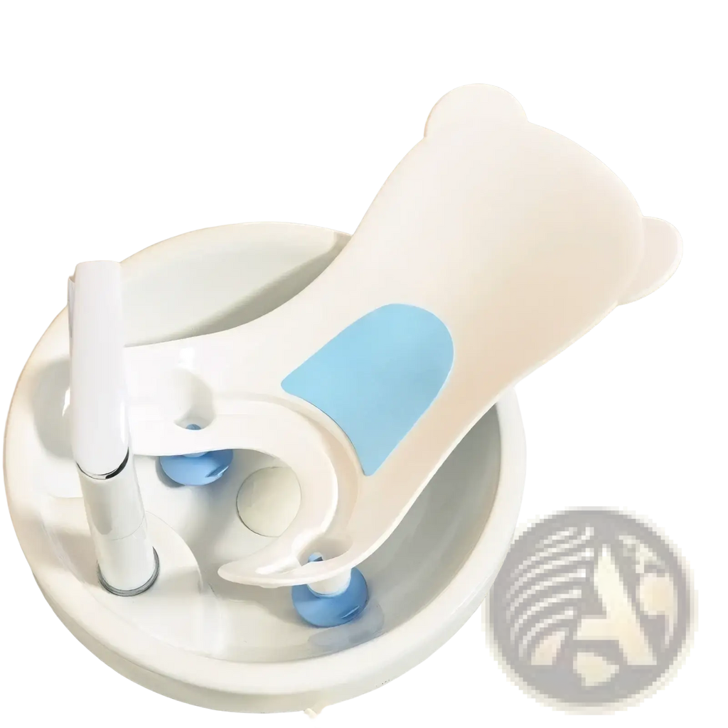 White and light blue bear-shaped baby bath seat with soft silicone grip pads for newborn bottom cleaning basin
