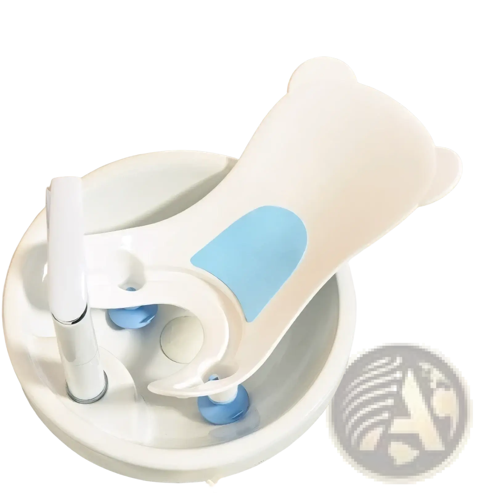White and light blue bear-shaped baby bath seat with soft silicone grip pads for newborn bottom cleaning basin