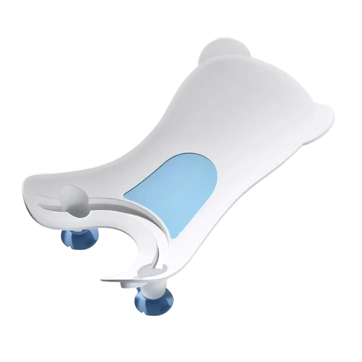 White plastic baby bath seat with light blue accent panel and blue suction cups for newborn bottom cleaning basin