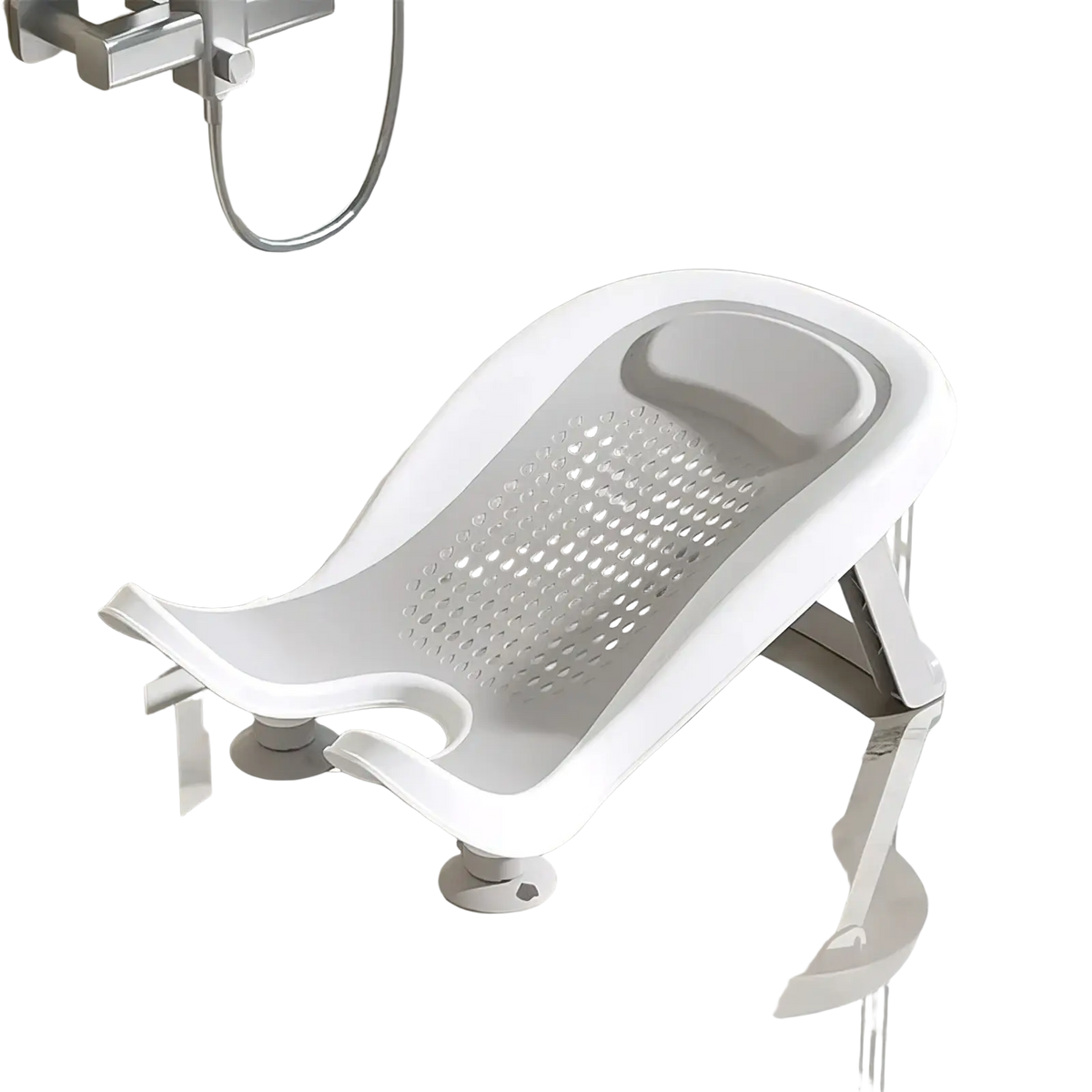 White plastic baby bum washer newborn bottom cleaning basin seat with perforated surface and adjustable legs
