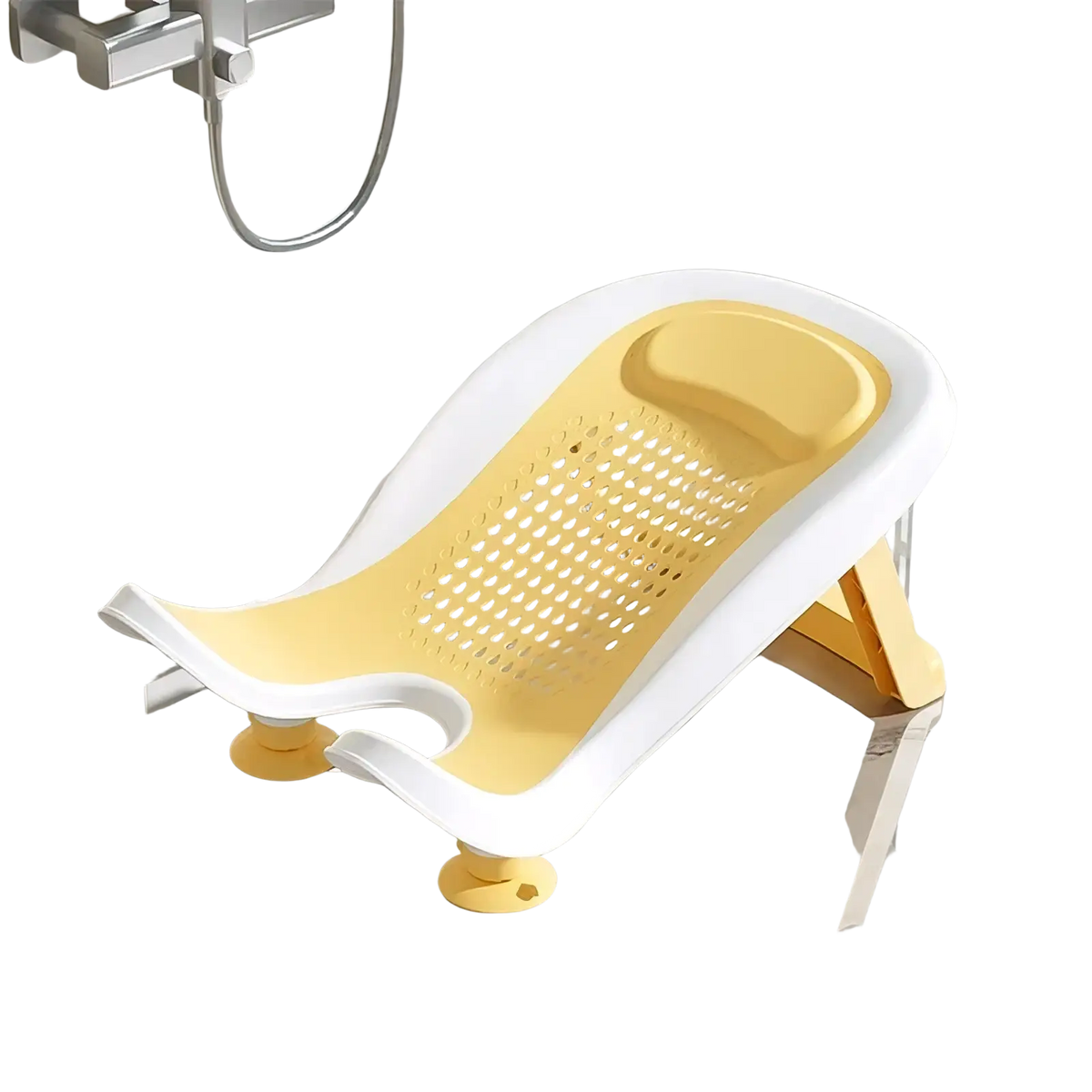 Yellow and white plastic baby bum washer newborn bottom cleaning basin seat with perforated surface and suction cup feet