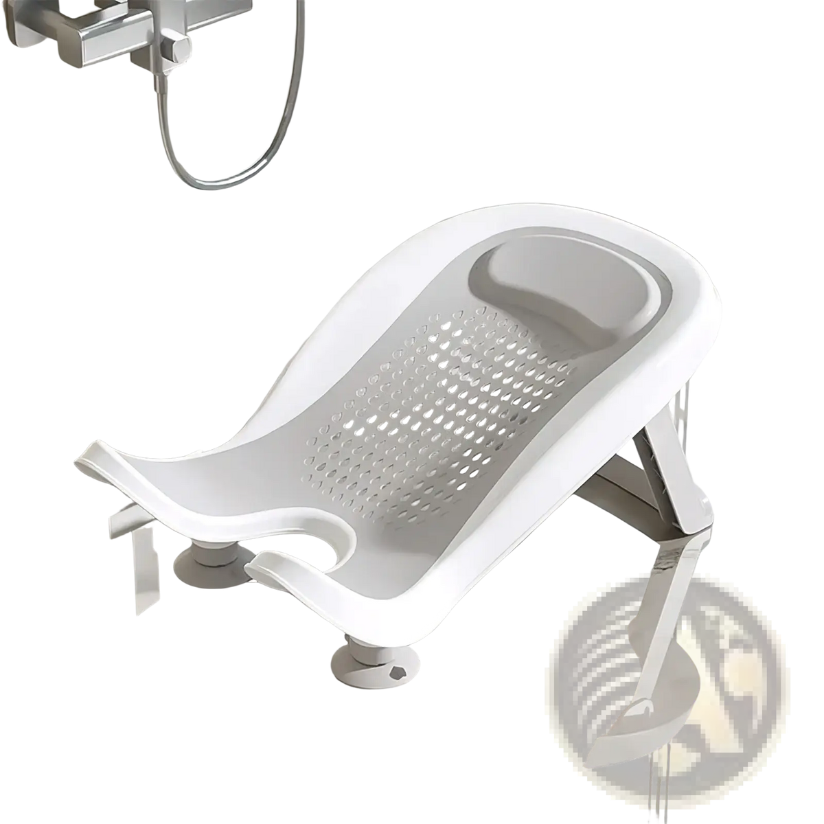 White plastic baby bum washer newborn bottom cleaning basin seat with perforated surface and adjustable legs