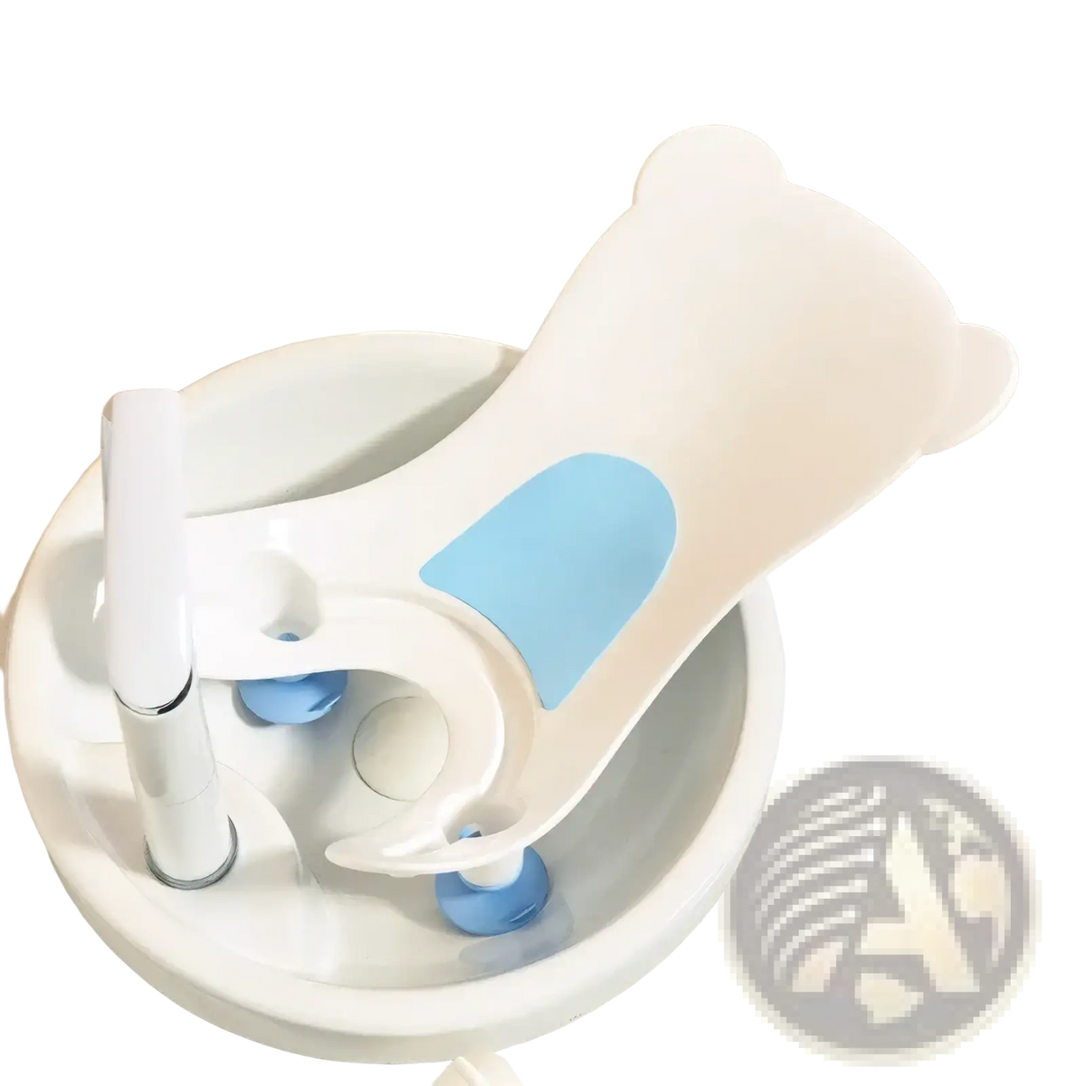 White plastic baby bath seat with light blue accents and bear design for infant bath support and washing basin use
