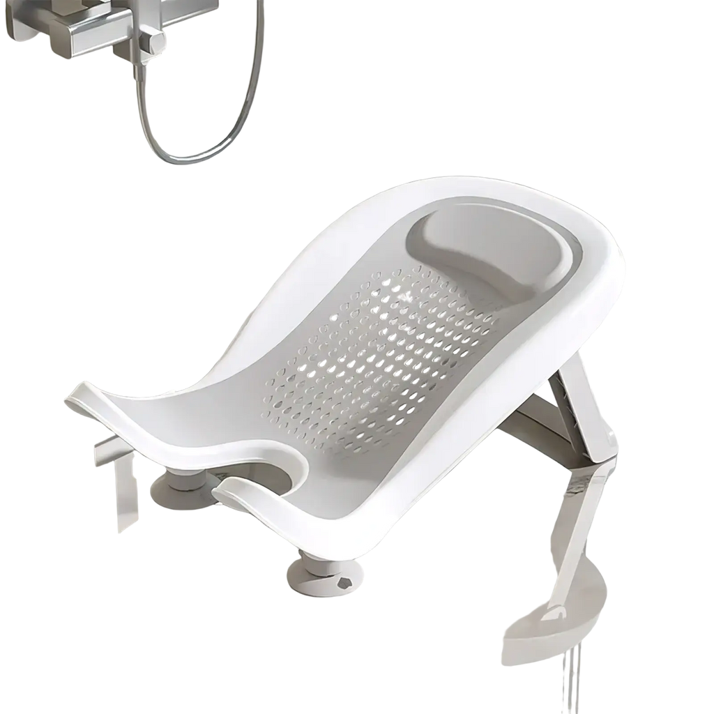 Inmo gray baby bath seat with perforated design and rear foot support frame for infant bath support