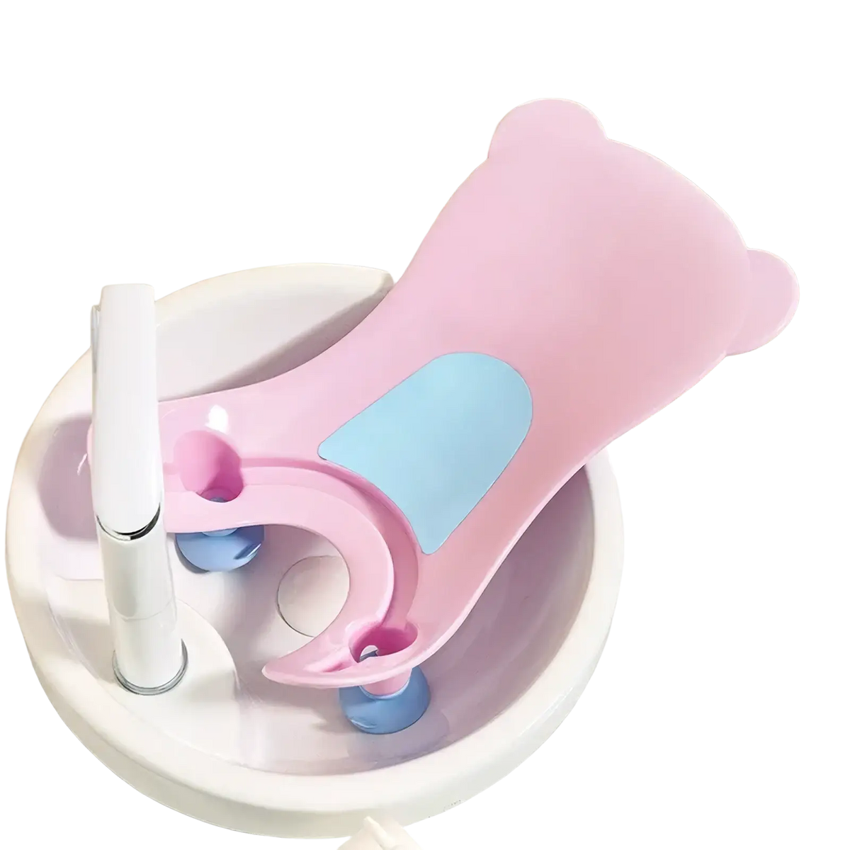 Pink bear-shaped baby bath seat with light blue suction cups for secure placement in infant washing basin support