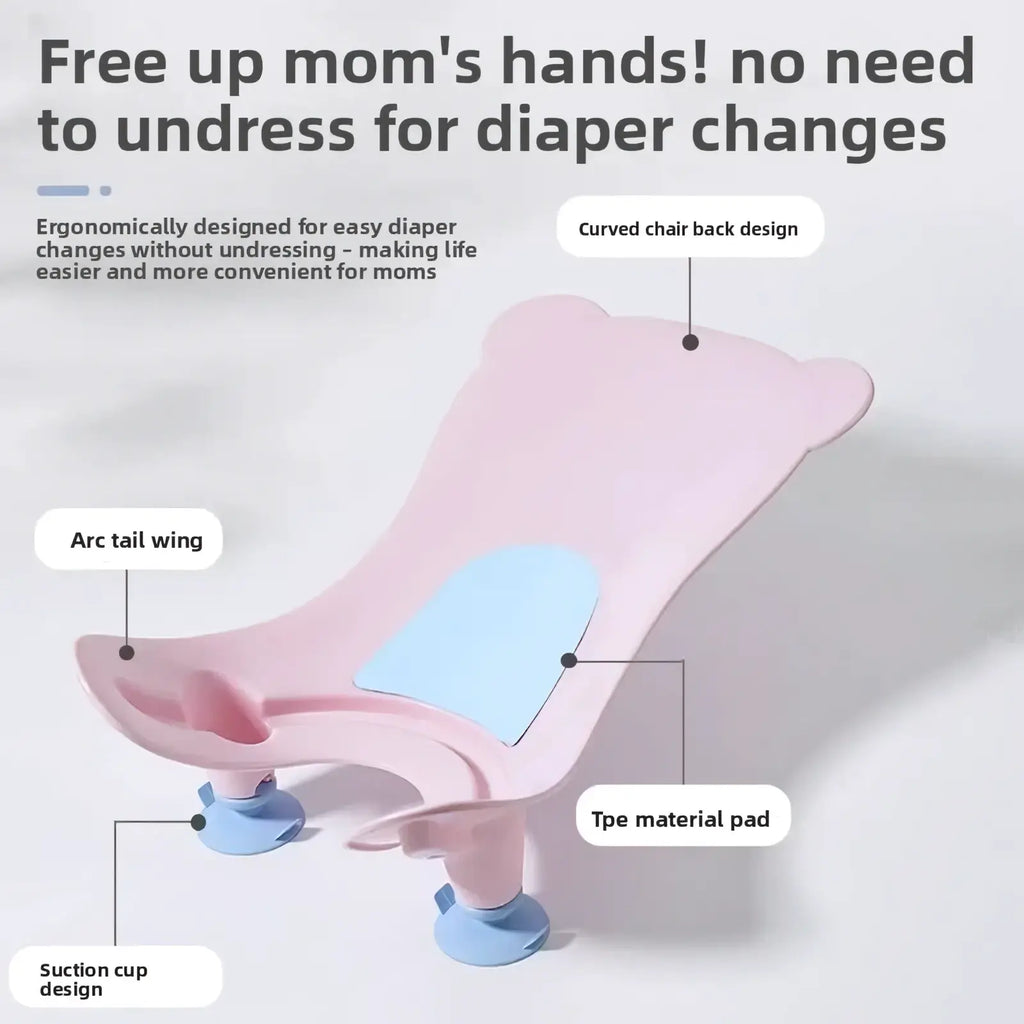 Pink bear-shaped baby butt washing basin with light blue tpe padded infant bath support and suction cup feet