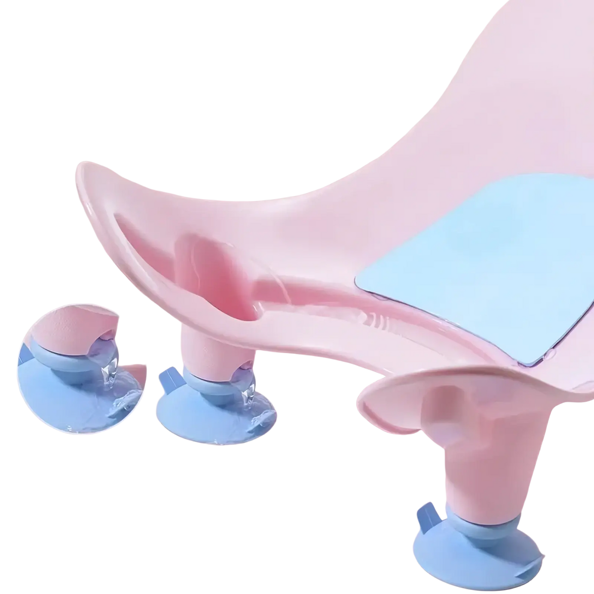 Pink and light blue plastic baby butt washing basin with suction cup feet for infant bath support