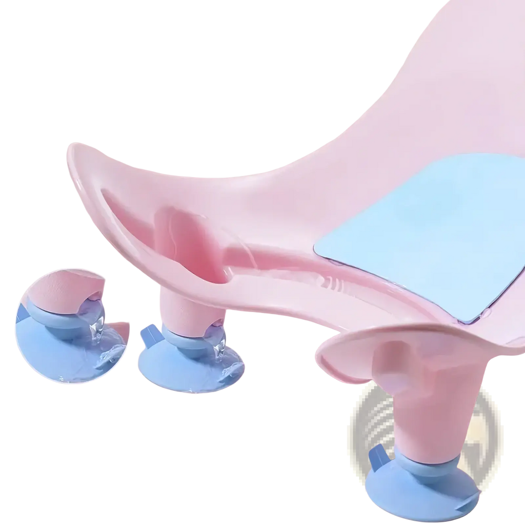 Pink and light blue plastic baby butt washing basin with suction cup feet for infant bath support